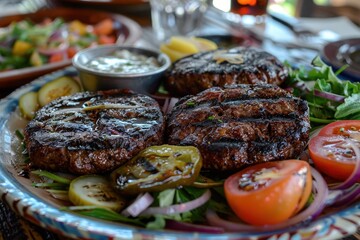 Juicy grilled burgers stacked high with fresh toppings ready for a summer barbecue celebration outdoors