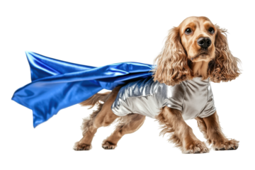 Heroic dog in a silver outfit with a blue cape, standing confidently against a white isolated background.