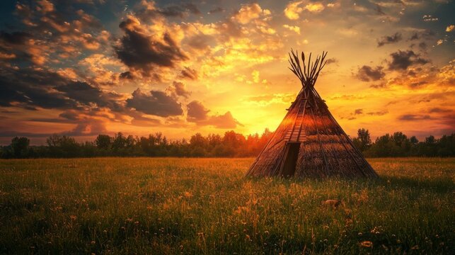 Golden rays illuminate a Native American wigwam, standing gracefully in a vibrant grassy field as the sun sets, creating a serene and peaceful atmosphere at dusk