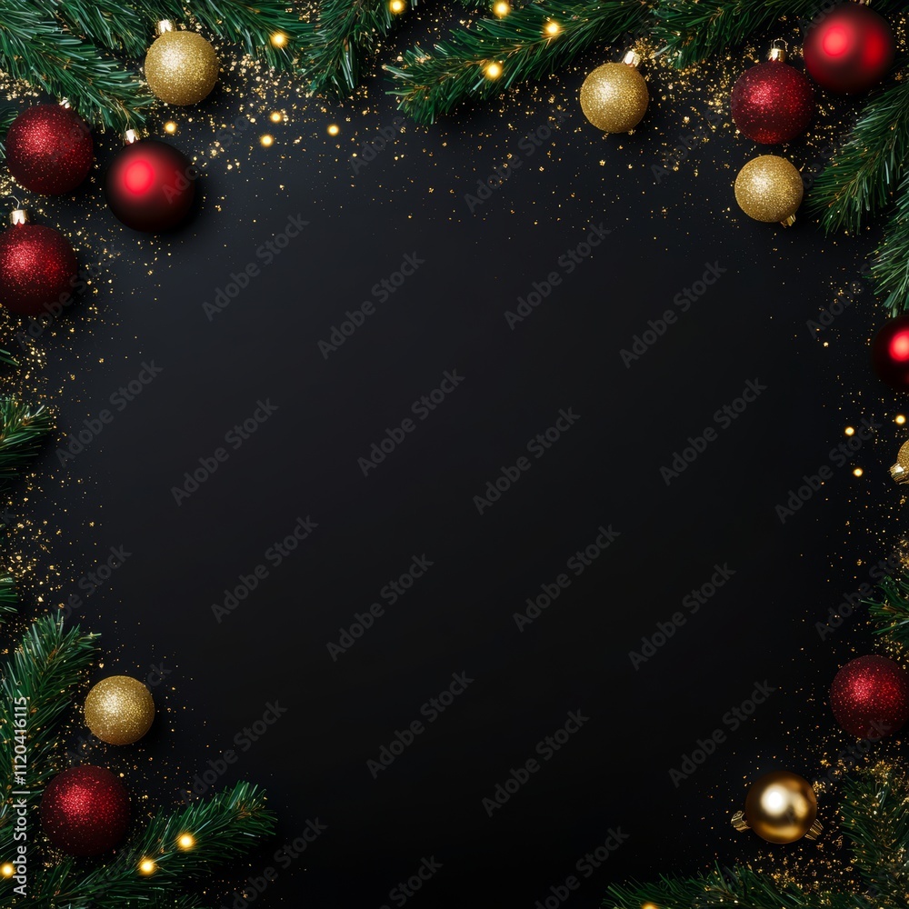 Wall mural christmas background with festive decorative decoration elements. christmas tree branches with light