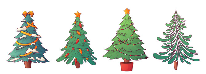 Collection of vector illustration of christmas tree. Decorated with colorful lights, ribbon, decorations isolated on background. Merry Christmas, New Year concept. For card design, poster decoration.