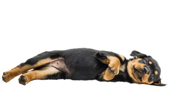 Playful puppy relaxing on its back, enjoying a moment of leisure.