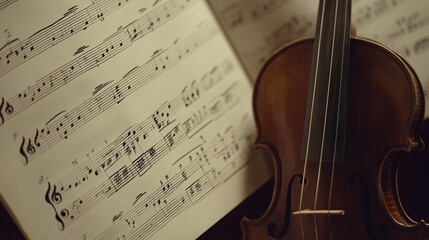 Fototapeta premium Classical music sheet notes elegantly displayed on a wooden stand, embodying the timeless beauty and intricate artistry of orchestral compositions.