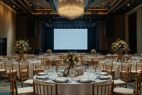 Elegant gala dinner setup luxury venue event photography formal atmosphere wide angle celebration of togetherness