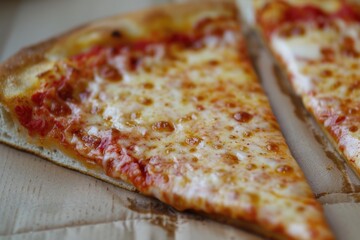 Freshly sliced cheese pizza on a cardboard base ready to be enjoyed during lunchtime with friends or family