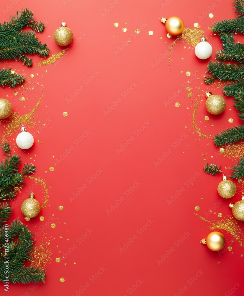 Wall mural christmas background with festive decorative decoration elements. christmas tree branches with light
