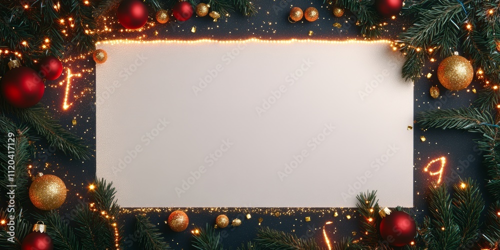 Wall mural christmas background with festive decorative decoration elements. christmas tree branches with light