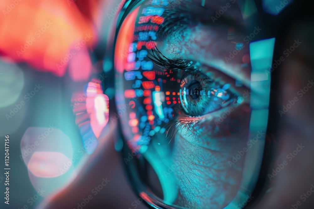 Poster Close-up view of an eye reflecting digital data and vibrant lights in a futuristic setting during nighttime, showcasing technology and modernity