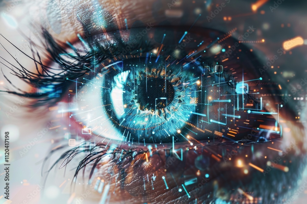 Poster Close-up view of an eye reflecting digital data and vibrant lights in a futuristic setting during nighttime, showcasing technology and modernity