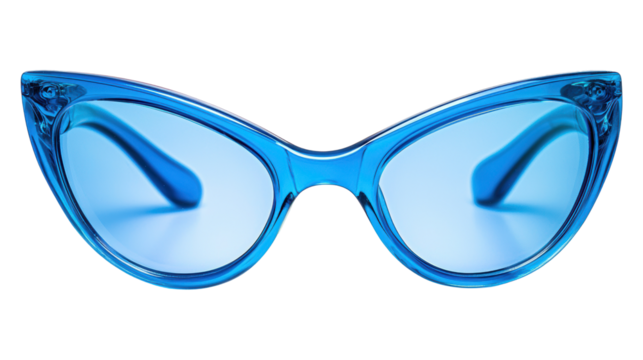 Stylish blue cat-eye sunglasses against a white isolate background.