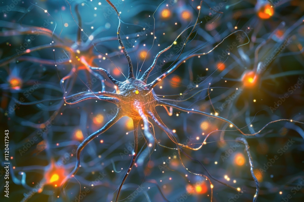 Poster Neurons glowing with activity in a close-up view showcasing intricate connections within a network in a scientific environment