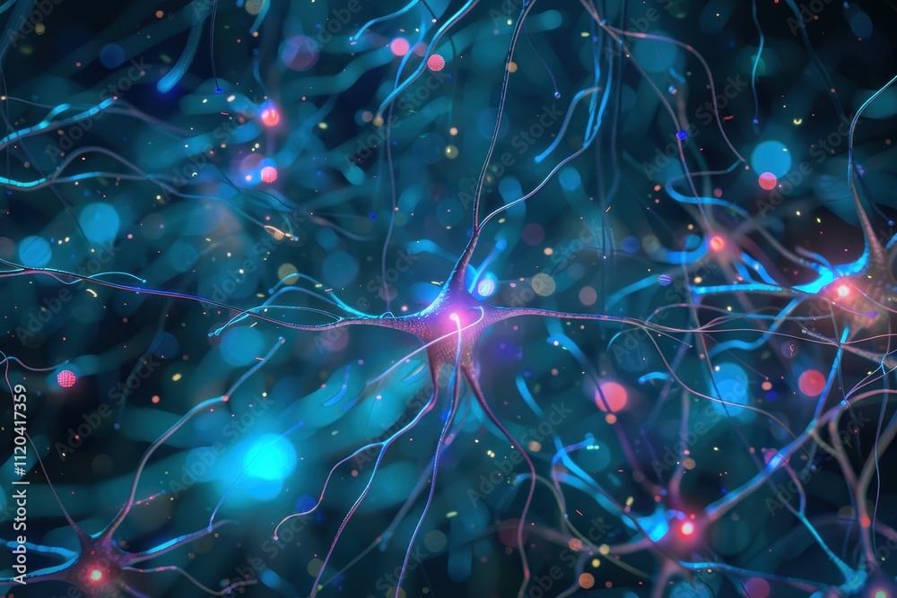 Poster Neurons glowing with activity in a close-up view showcasing intricate connections within a network in a scientific environment