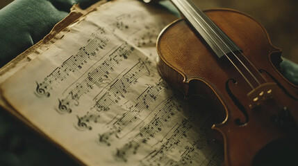 Fototapeta premium Classical music sheet notes elegantly displayed on a wooden stand, embodying the timeless beauty and intricate artistry of orchestral compositions.