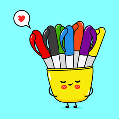 Multi-colored pens in love character. Vector hand drawn cartoon kawaii character illustration icon. Isolated on blue background. Multi-colored pens character concept