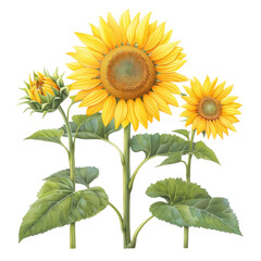Obraz premium Three vibrant sunflowers with lush green leaves, showcasing their bright yellow petals against a white background.
