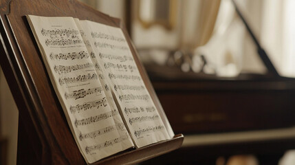 Classical music sheet notes elegantly displayed on a wooden stand, embodying the timeless beauty and intricate artistry of orchestral compositions.