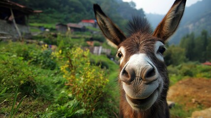 Fototapeta premium The donkey looks into the camera lens, close-up of the funny muzzle