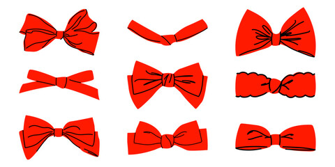 Set of red bowknots. Collection of holiday decorative elements.