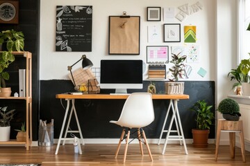 Cozy home office with plants and modern decor in bright natural light during the afternoon