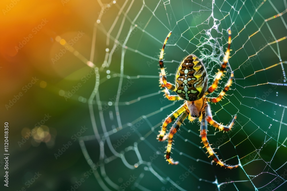 Poster colorful spider weaving a web in a natural setting during the late afternoon light