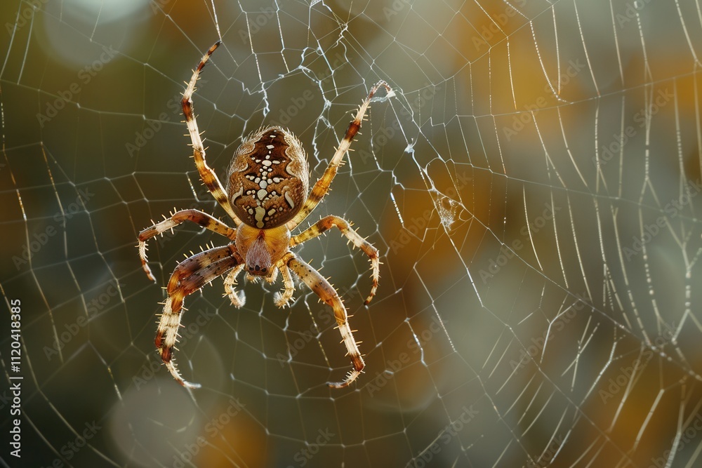 Poster colorful spider weaving a web in a natural setting during the late afternoon light