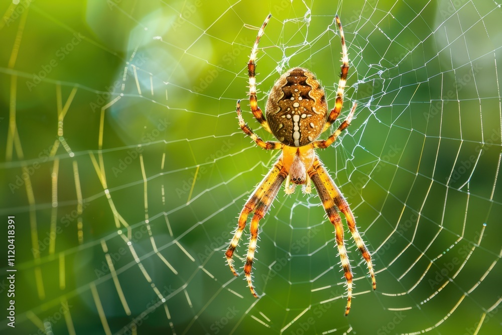 Poster colorful spider weaving a web in a natural setting during the late afternoon light