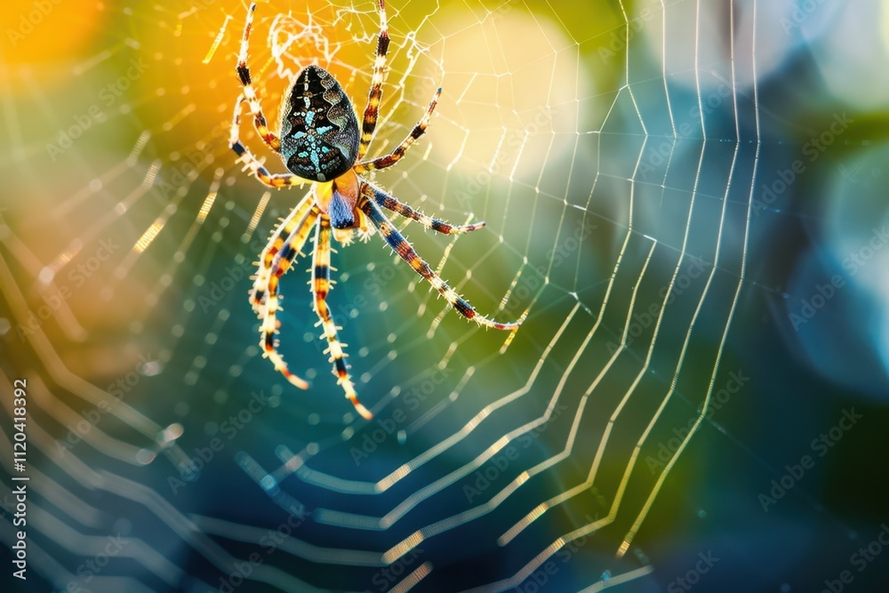Poster colorful spider weaving a web in a natural setting during the late afternoon light