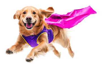 A cheerful golden retriever in a superhero cape, mid-air jump, against a white isolated background.