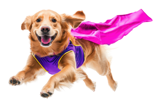 A cheerful golden retriever in a superhero cape, mid-air jump, against a white isolated background.
