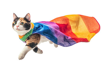 A courageous cat wearing a colorful rainbow cape, ready to save the day on a white isolated background.