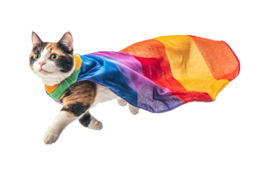 A courageous cat wearing a colorful rainbow cape, ready to save the day on a white isolated background.