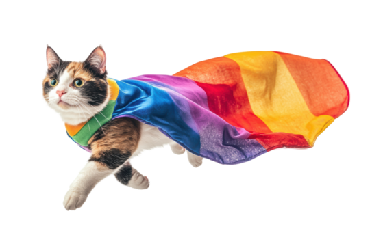 A courageous cat wearing a colorful rainbow cape, ready to save the day on a white isolated background.