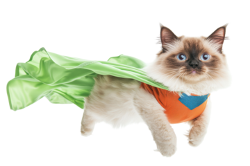 A fluffy cat in a superhero costume with a green cape, ready for adventure, white isolate background.