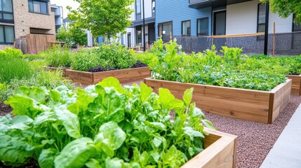 Modern community garden features raised beds in muted blue with lush green plants and terracotta paths creating an eco-friendly urban space