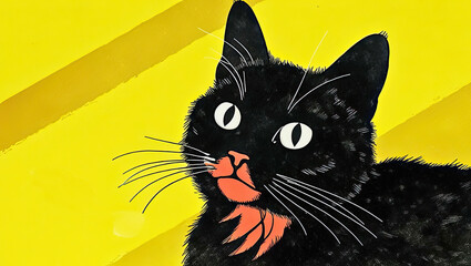 Playful black cat illustration graphic design bright yellow background whimsical style animal theme