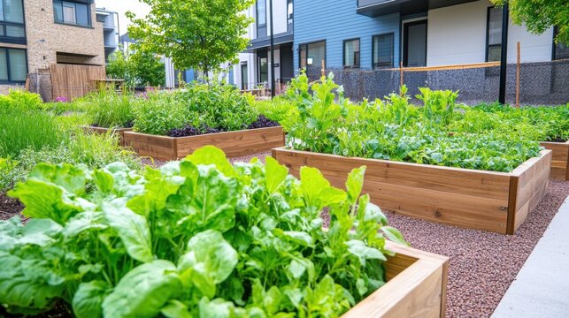 Modern community garden features raised beds in muted blue with lush green plants and terracotta paths creating an eco-friendly urban space