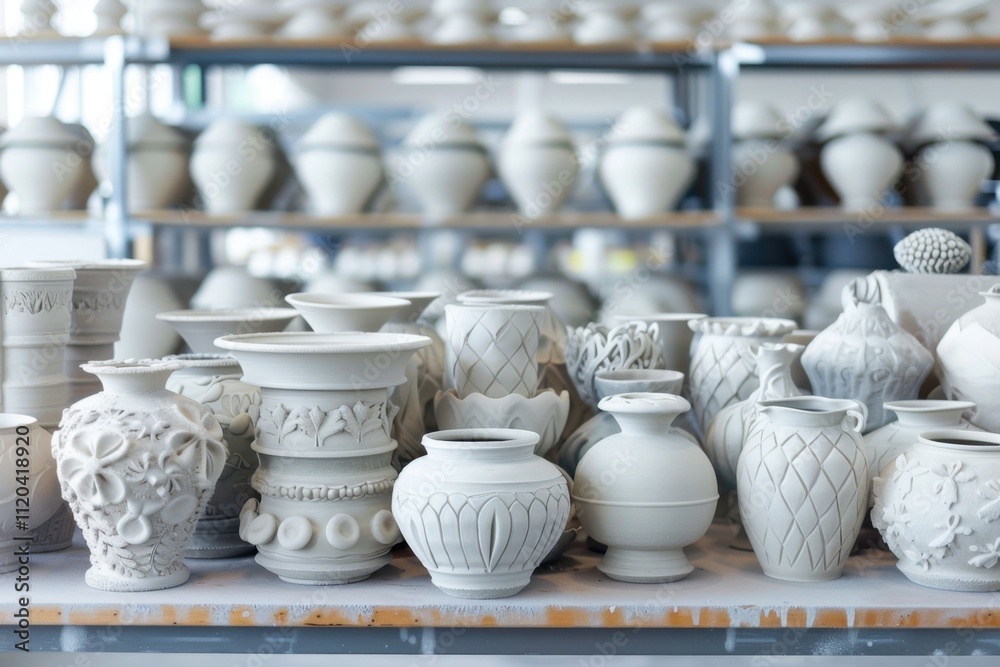 Poster various handcrafted ceramic vases displayed on shelves in a pottery studio in the late afternoon lig