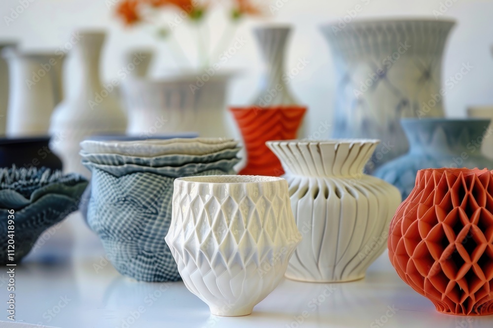 Poster various handcrafted ceramic vases displayed on shelves in a pottery studio in the late afternoon lig