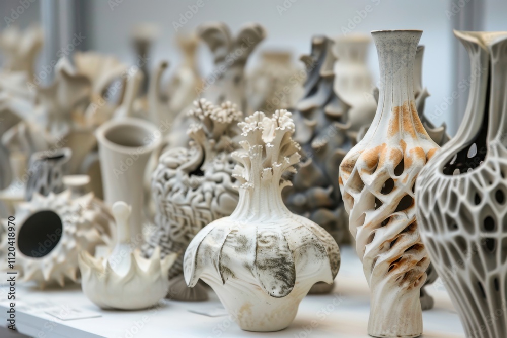 Poster various handcrafted ceramic vases displayed on shelves in a pottery studio in the late afternoon lig