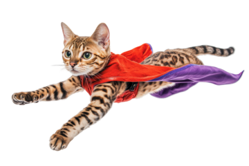A playful cat in a colorful superhero cape, soaring through the air with grace and agility.