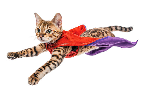 A playful cat in a colorful superhero cape, soaring through the air with grace and agility.
