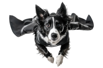 A playful dog dressed as a superhero, flying in mid-air with cape, isolated on white background.