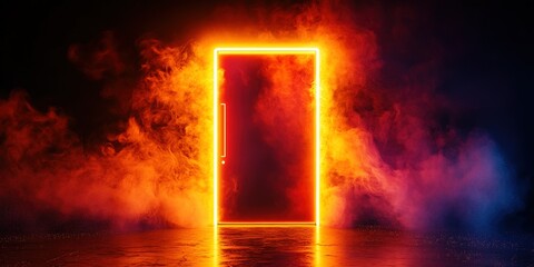 Fototapeta premium Brightly lit door in vibrant smoke creates an atmosphere of mystery and intrigue at night