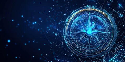 Navigating through digital realms with a glowing compass in a starry blue landscape