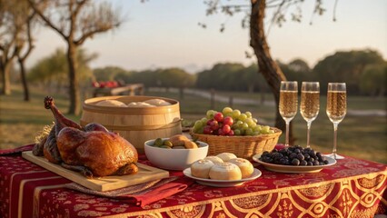 A festive outdoor setting where a charming picnic table is laid out with a variety of offerings a golden roasted duck steaming buns and bowls of fresh fruit. Decorative wine flutes