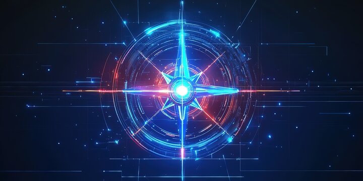 Brightly colored digital compass design with star elements and glowing effects for navigation
