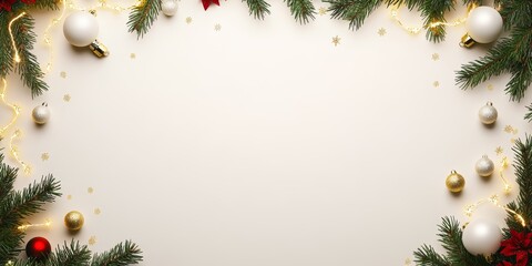 Christmas background with vibrant tones and decorative tree branches. Adorned with dark lights and shimmering ornament balls, elegant holiday frame. Perfect for banners, posters, or festive designs.