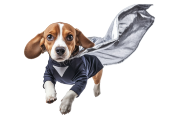 Beagle dog in superhero costume, isolated on white background, action pose, fun and playful.