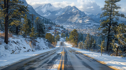 Winter asphalt road with pine trees, mountains and city in distance, photo.