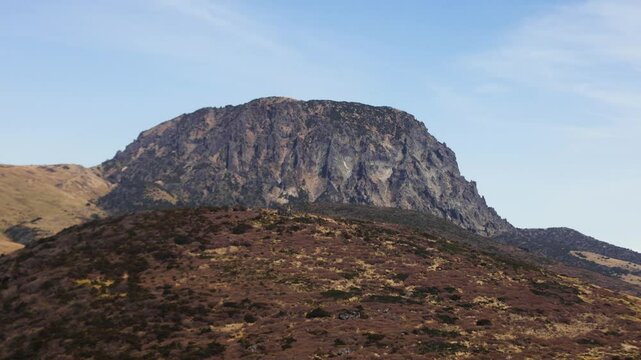 Hallasan National Park, Jeju island, South Korea, spring view of Yeongsil trail with a wooden ladder path stairs, trekking and climbing, stairway to Halla mountain, hiking in Korea, Jeju-do, sunny day